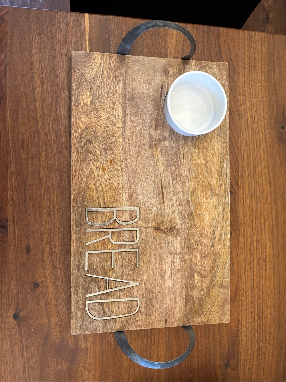 Wood Serving Tray with "BREAD" Accent - Natural Brown 12x20 with ceramic bowl